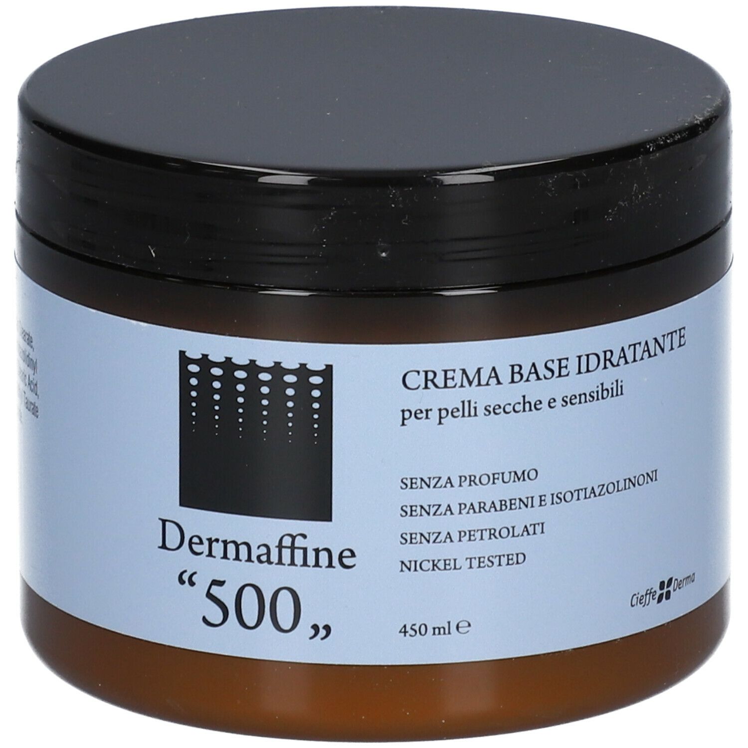 Barattolo marrone con coperchio nero. Scritta: Dermaffine "500", Crema Base Idratante. 450 ml.