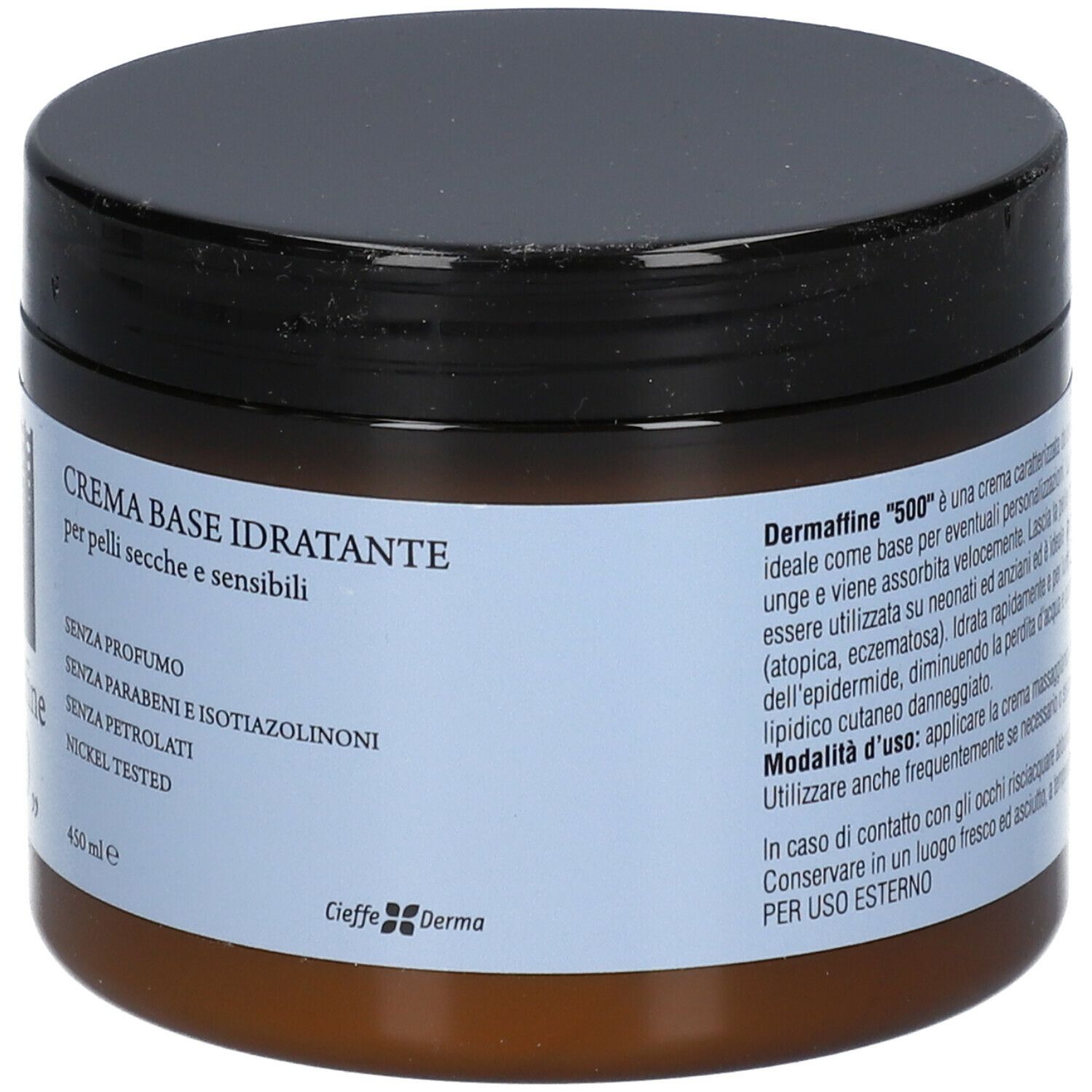 Barattolo marrone con coperchio nero. Scritta: Dermaffine "500", Crema Base Idratante. 450 ml. Testo.