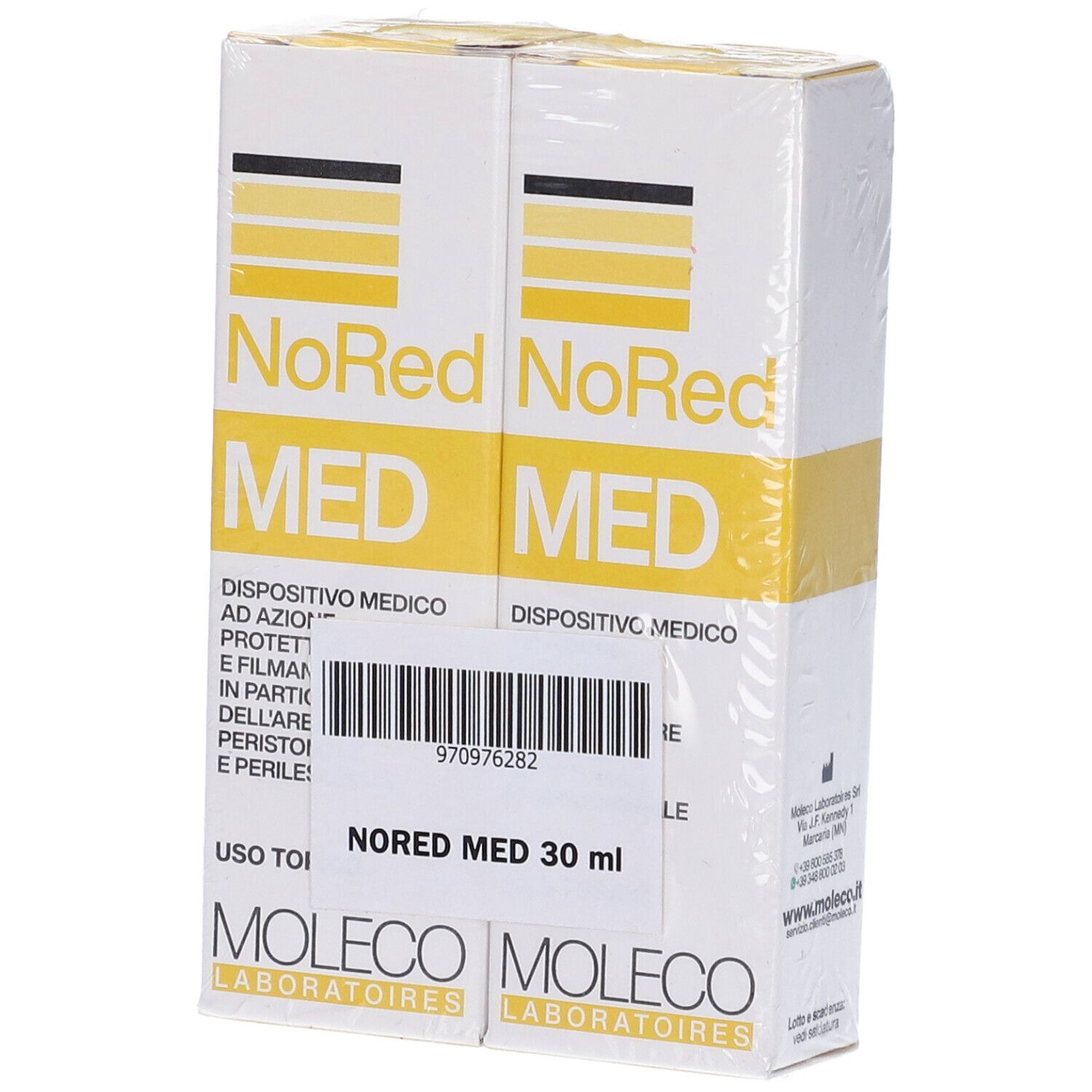 Due scatole di Nored Med, 30 ml, con elementi gialli e bianchi. Codice a barre e testo in italiano.