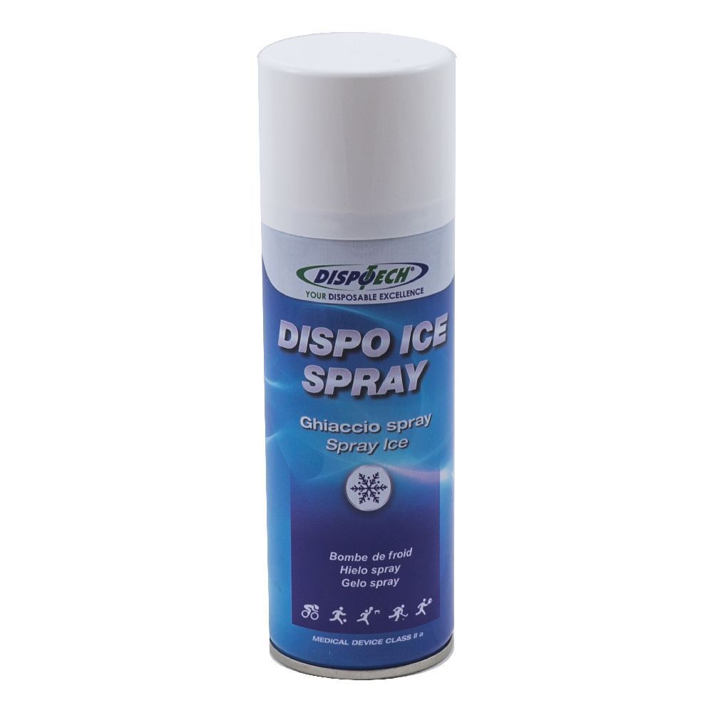 Bomboletta spray cilindrica, tappo bianco. Scritta 'DISPO ICE SPRAY'. Colori blu e bianco. Dispositivo medico Classe IIa.