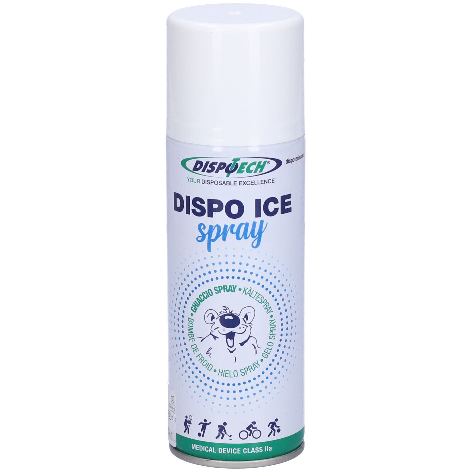 Bomboletta spray cilindrica, tappo bianco. Scritta 'DISPO ICE SPRAY'. Orsetto. Dispositivo medico Classe IIa.