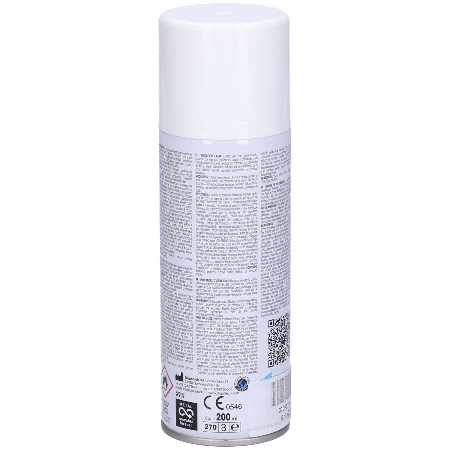 Retro di bomboletta spray cilindrica. Testo, marchio CE, indicazione volume. Dispositivo medico. Ghiaccio Spray.