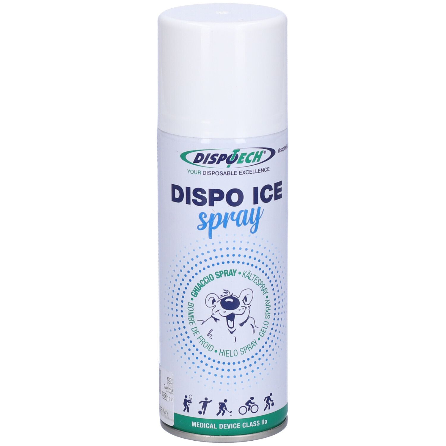 Bomboletta spray cilindrica, tappo bianco. Scritta 'DISPO ICE SPRAY'. Orsetto. Dispositivo medico Classe IIa.