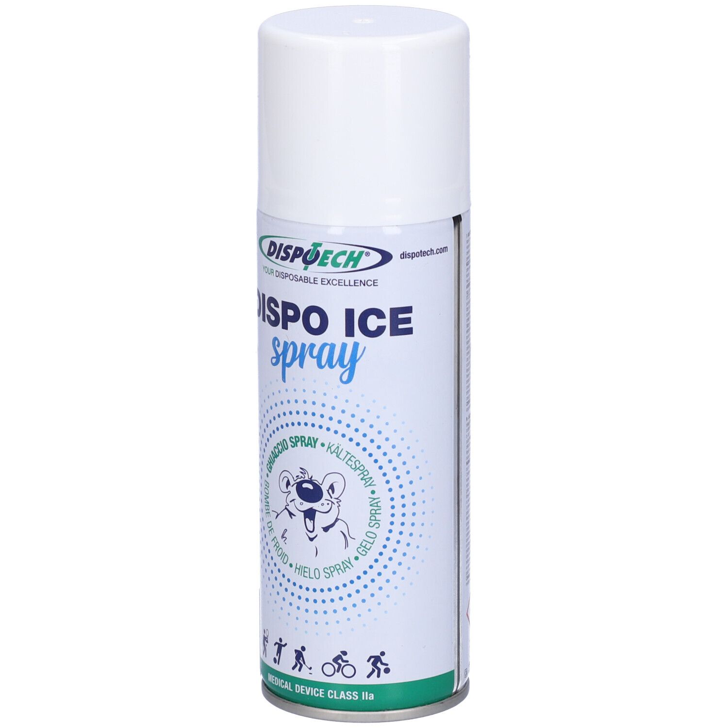 Bomboletta spray cilindrica, tappo bianco. Scritta 'DISPO ICE SPRAY'. Orsetto. Dispositivo medico Classe IIa.