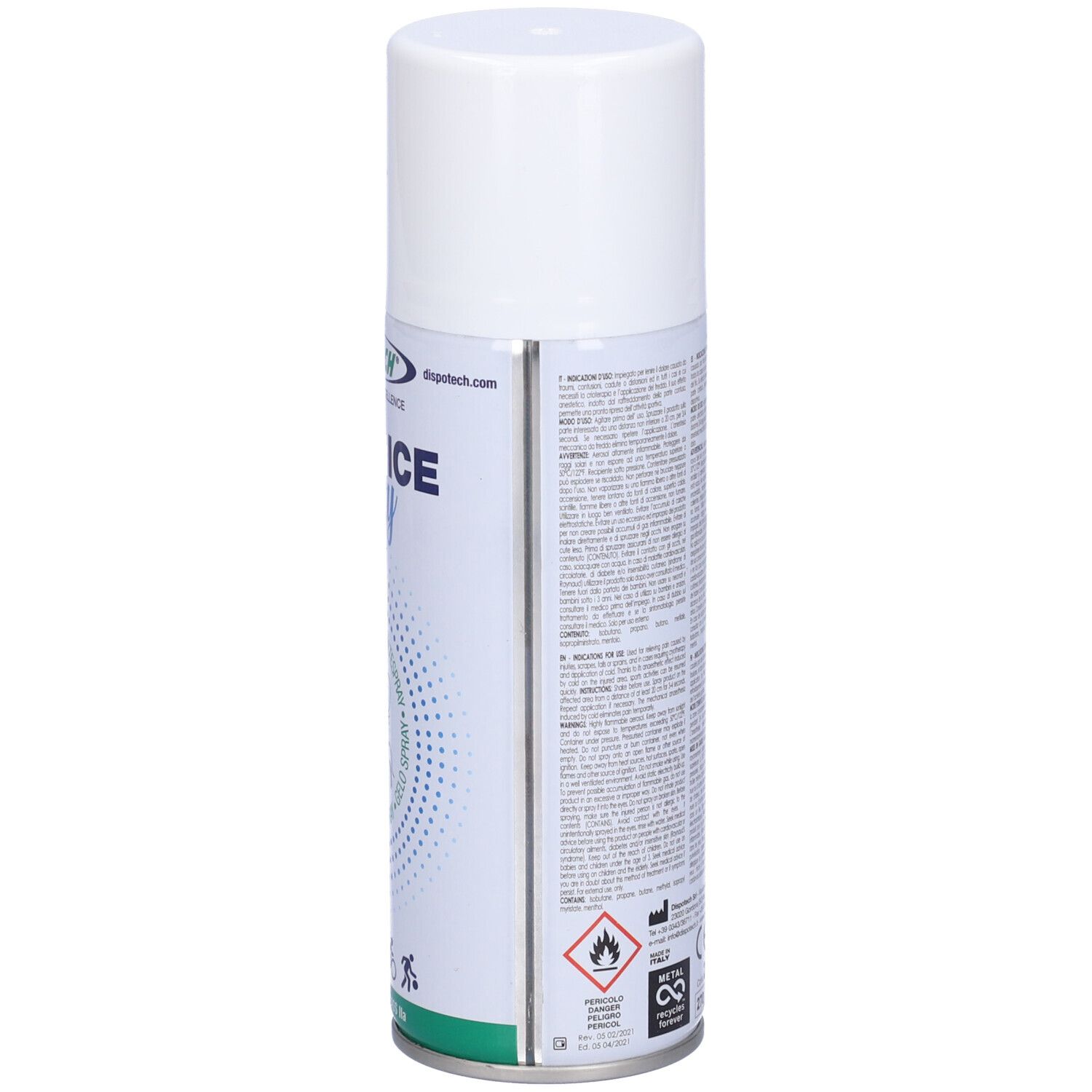 Lato di bomboletta spray cilindrica. Testo, loghi, avvertenze. Dispositivo medico. Ghiaccio Spray.