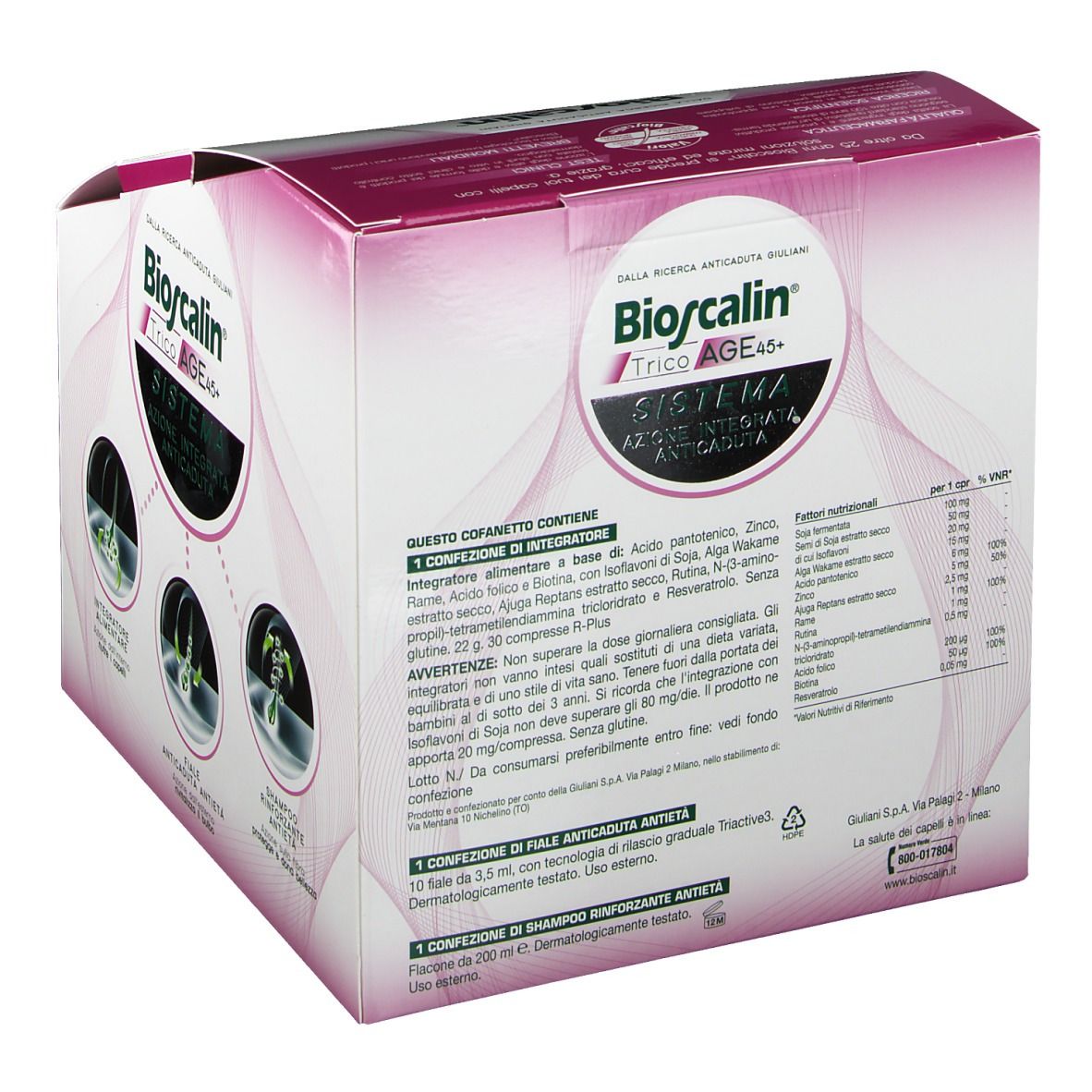 Retro della confezione Bioscalin TricoAGE 45+. Contiene informazioni sugli ingredienti e i valori nutrizionali. Sfondo rosa e bianco.