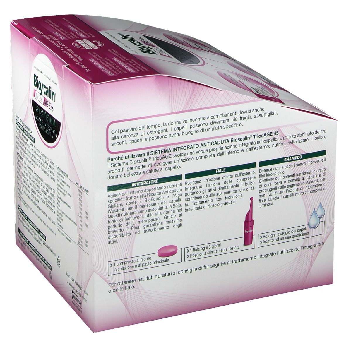 Retro della confezione Bioscalin TricoAGE 45+. Testo sugli ingredienti e l'uso. Sfondo rosa e bianco.