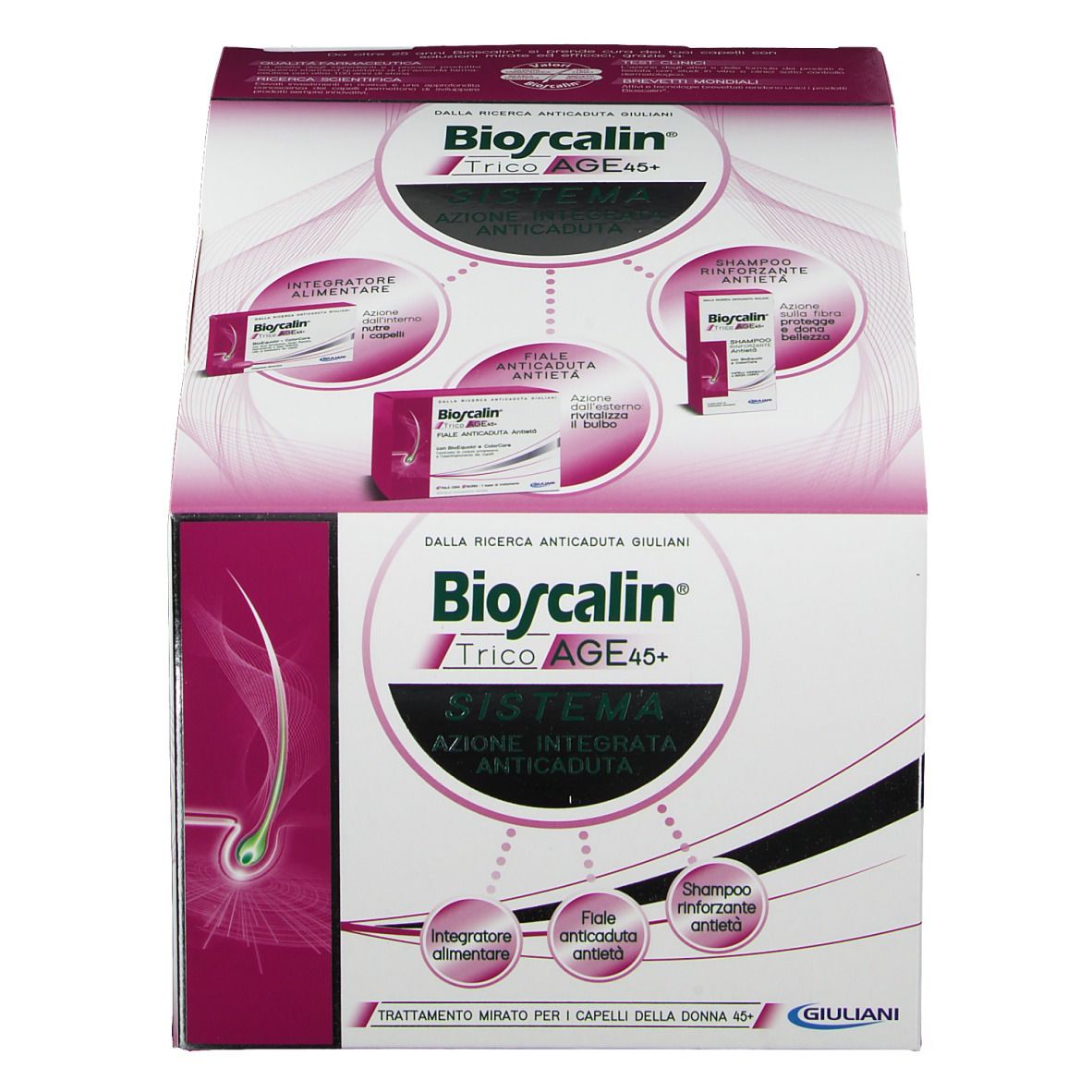 Confezione Bioscalin TricoAGE 45+ System. Scatola rosa e bianca con immagini e testo. Contiene integratore, fiale e shampoo.