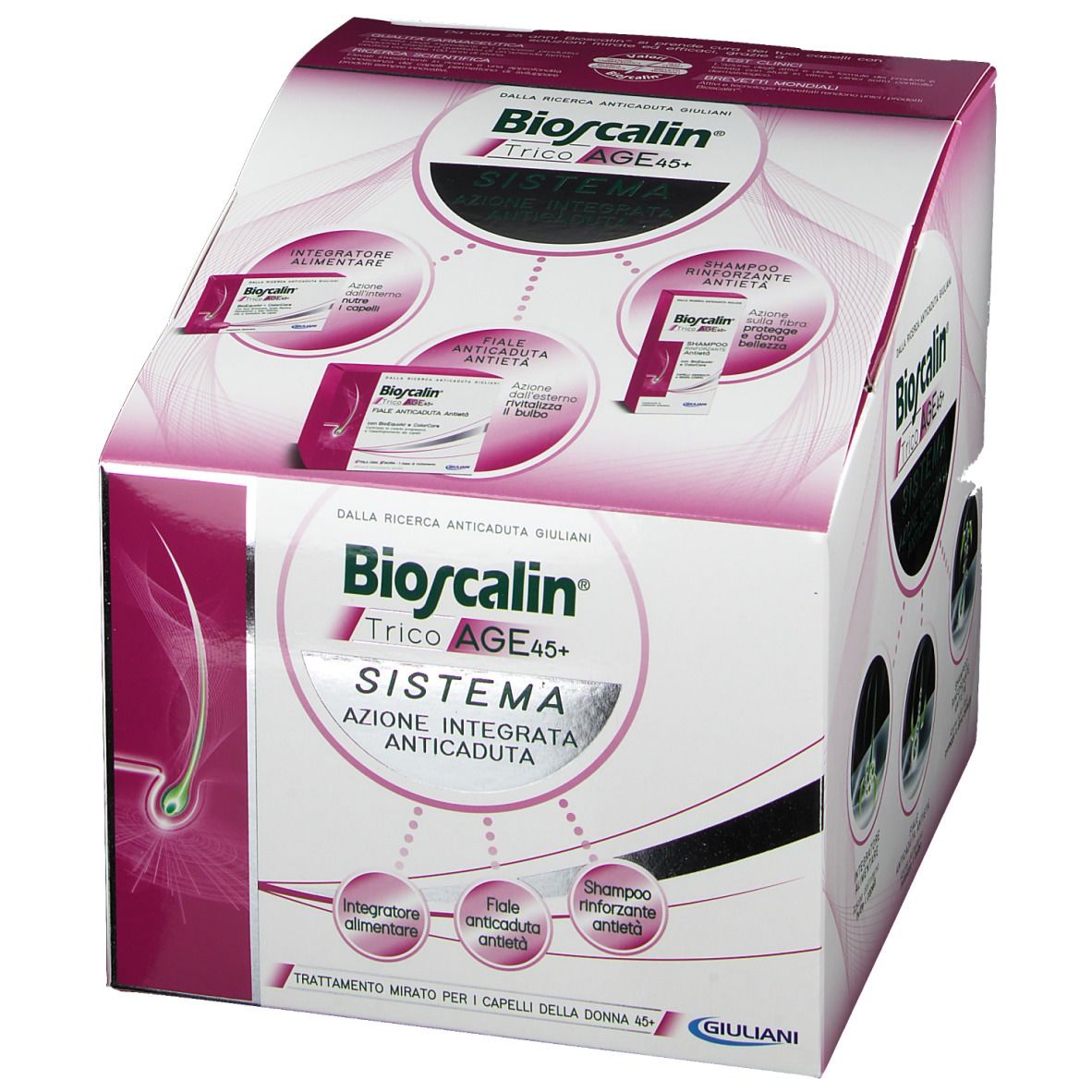 Confezione Bioscalin TricoAGE 45+ System. Scatola rosa e bianca con immagini e testo. Contiene integratore, fiale e shampoo.