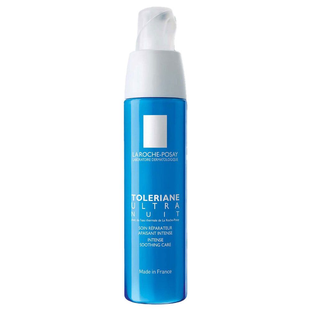 Flacone blu e bianco TOLERIANE ULTRA NUIT con dispenser. Marchio e nome del prodotto visibili.