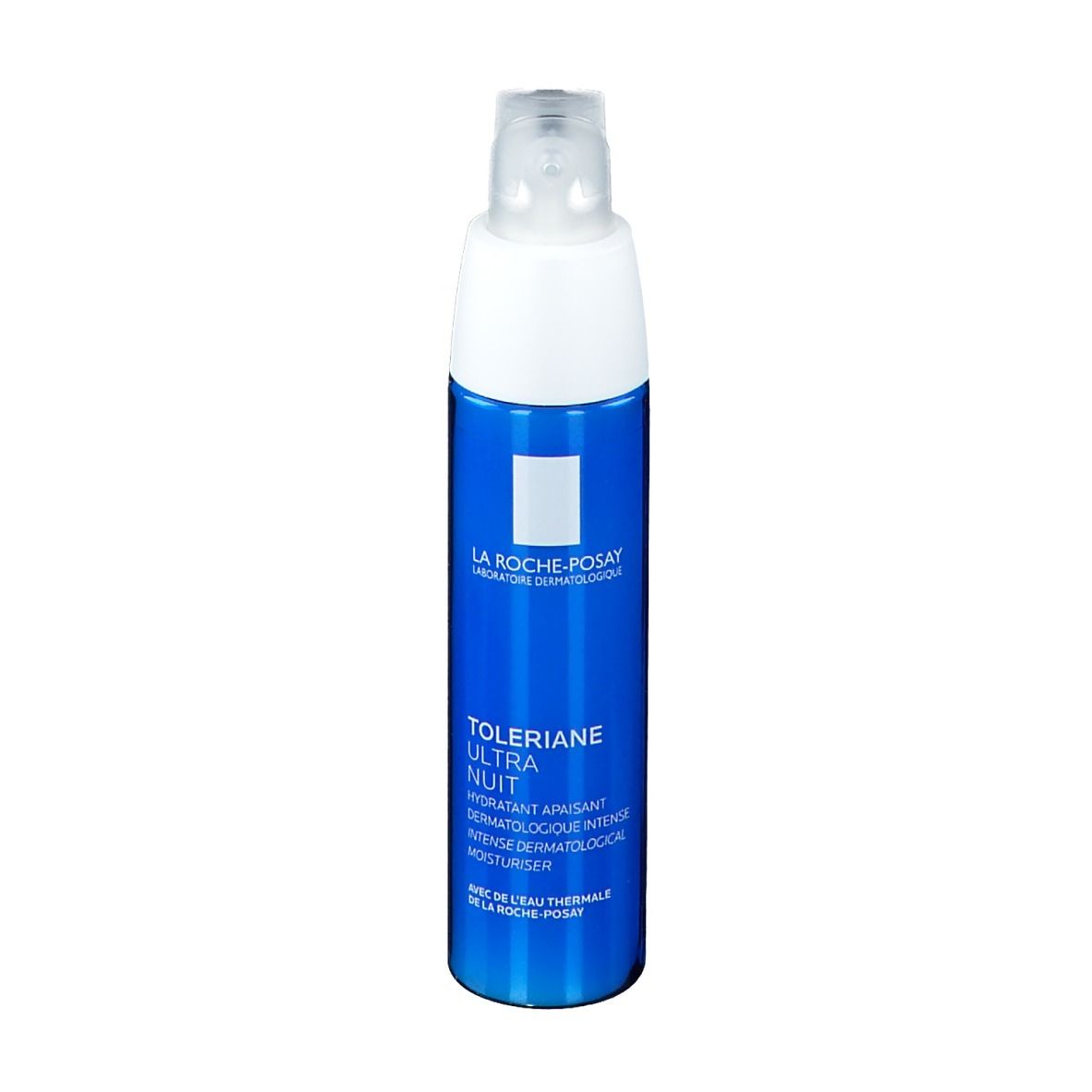 Flacone blu con tappo bianco. Nome prodotto TOLERIANE ULTRA NUIT. Marchio La Roche-Posay.