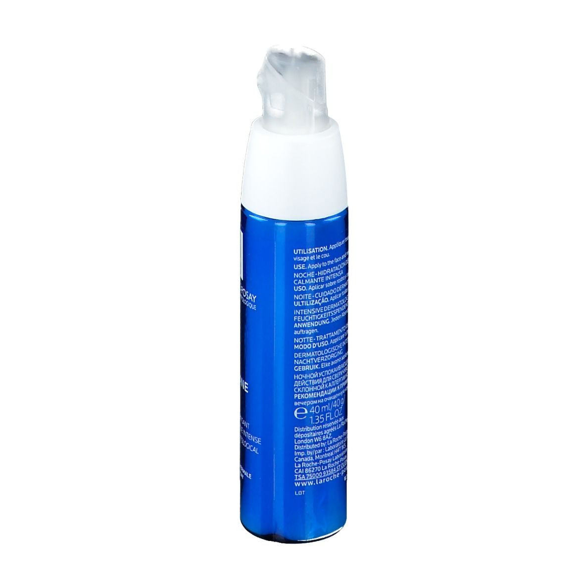 Flacone blu con tappo bianco. Nome prodotto TOLERIANE ULTRA NUIT. Retro con testo.