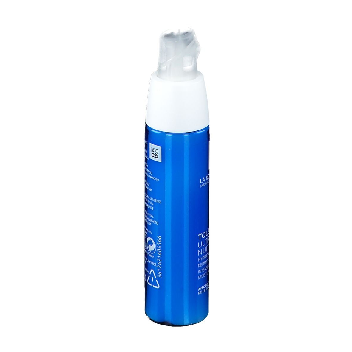 Flacone blu con tappo bianco. Nome prodotto TOLERIANE ULTRA NUIT. Retro con testo.