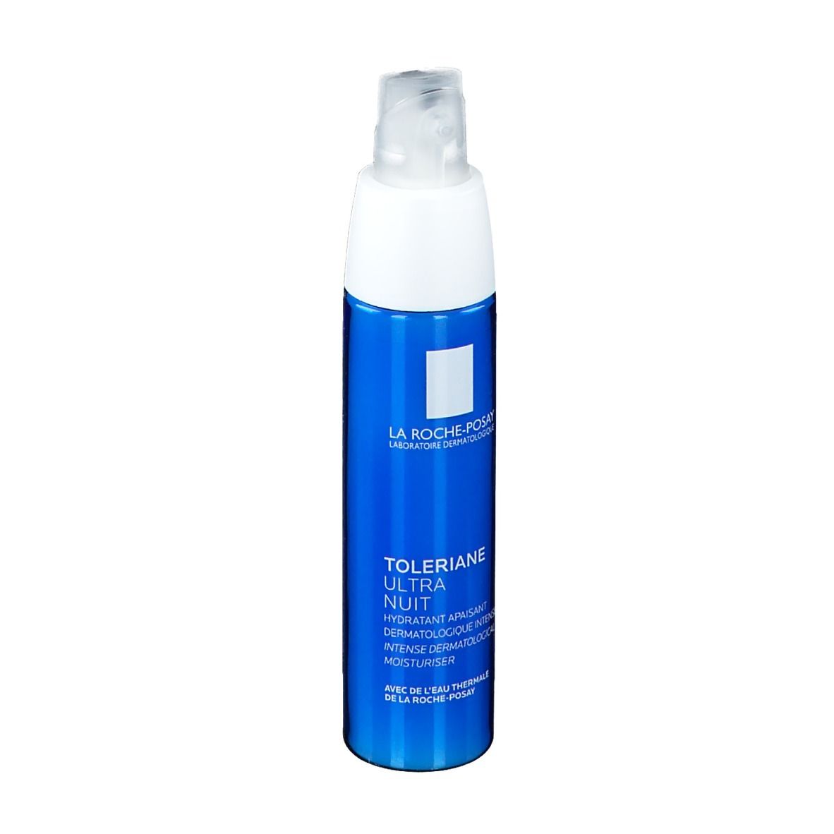 Flacone blu con tappo bianco. Nome prodotto TOLERIANE ULTRA NUIT. Marchio La Roche-Posay.