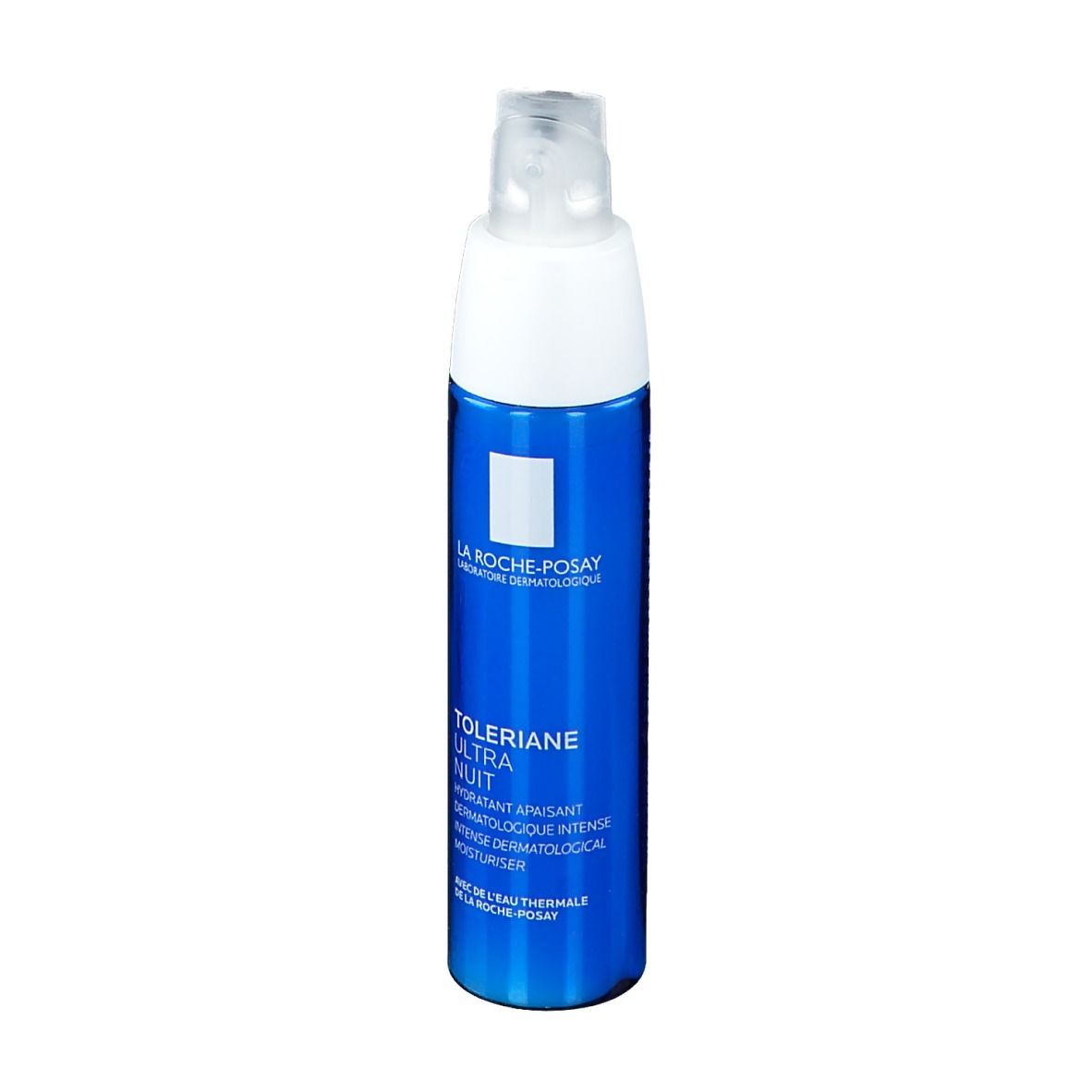 Flacone blu con tappo bianco. Nome prodotto TOLERIANE ULTRA NUIT. Marchio La Roche-Posay.