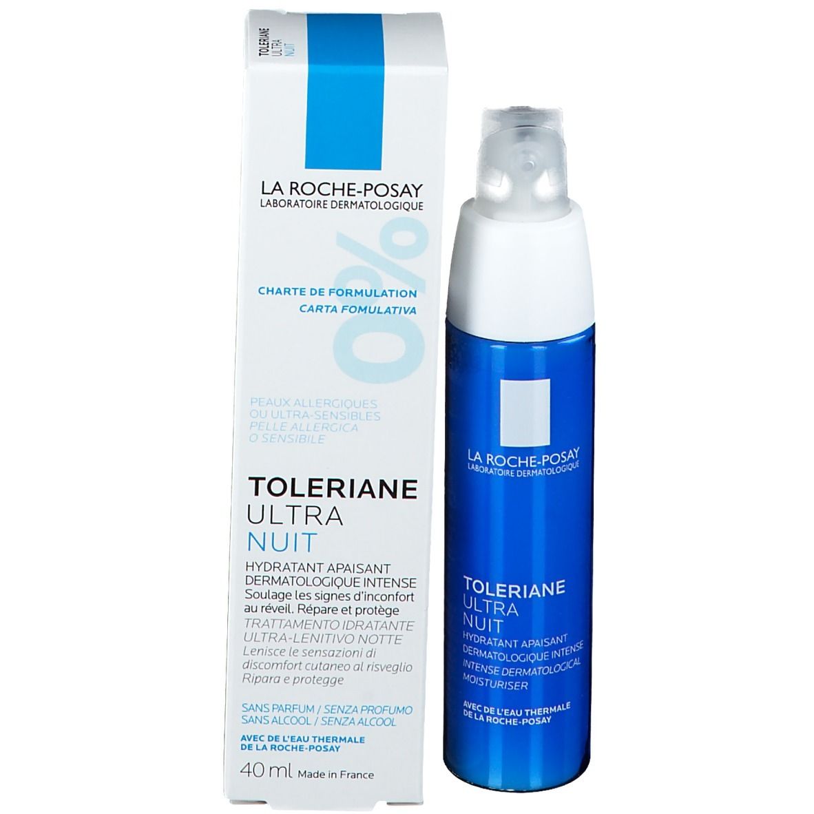 Flacone e confezione del prodotto. Flacone blu con tappo bianco. Nome prodotto TOLERIANE ULTRA NUIT.