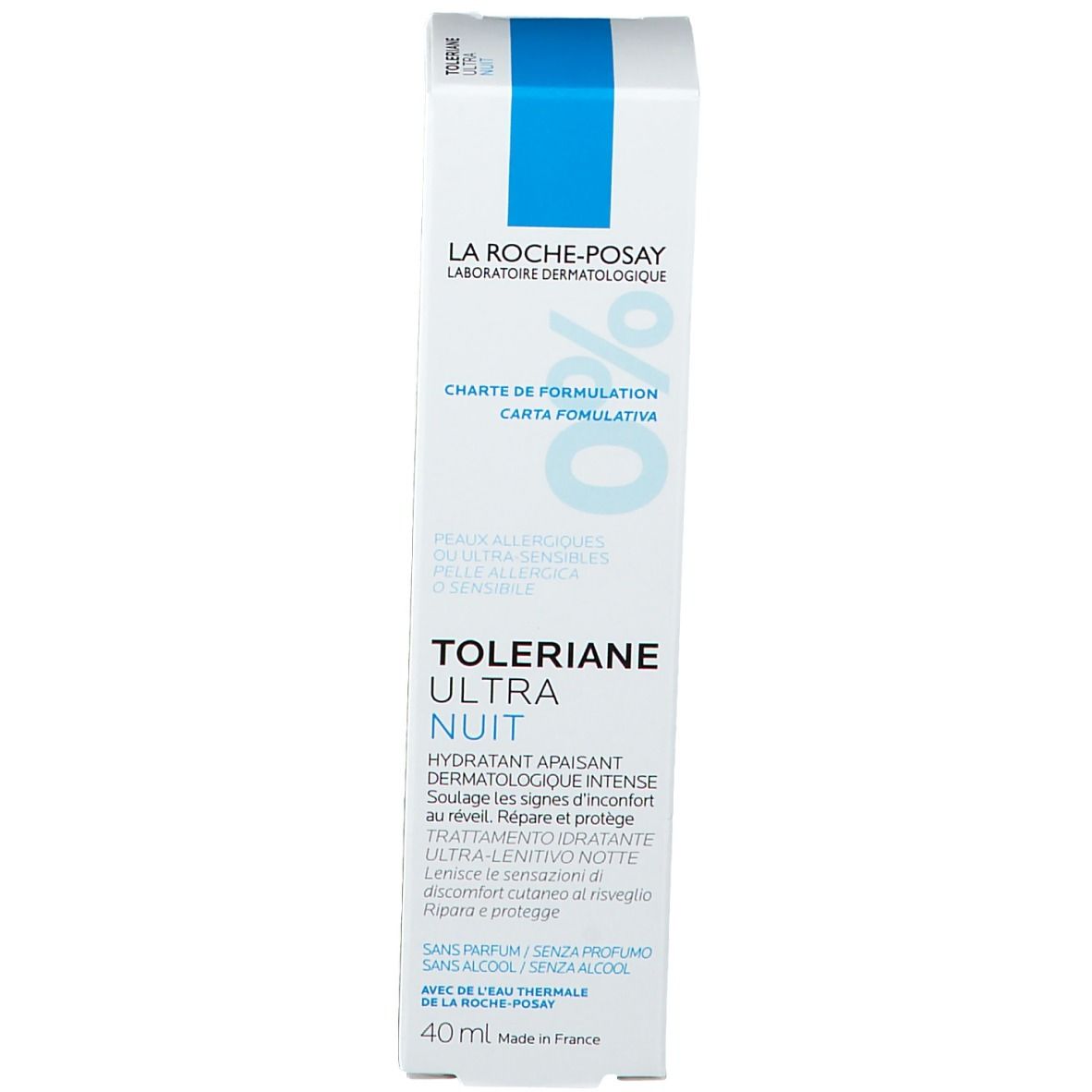 Confezione del prodotto. Scatola bianca con nome prodotto TOLERIANE ULTRA NUIT. Marchio La Roche-Posay.