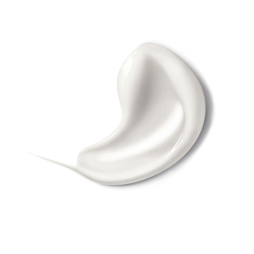 Prodotto bianco, consistenza cremosa. Su sfondo bianco. Forma di onda delicata.