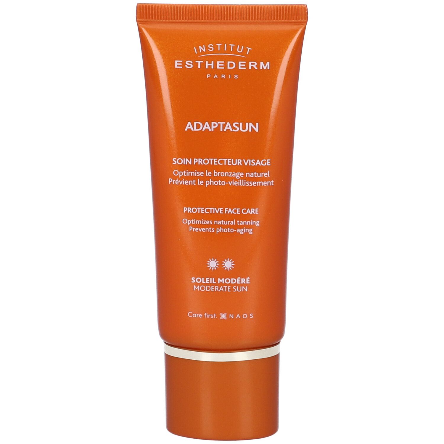 Tubo arancione Adaptasun, Institut Esthederm. Crema viso sole moderato. Protezione solare per il viso.