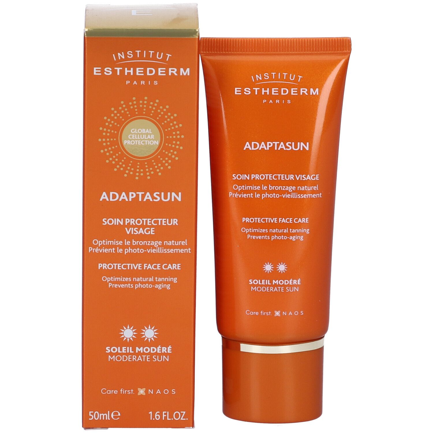 Tubo e scatola Adaptasun. Arancione. Testo: protezione solare viso. Marchio: Institut Esthederm.