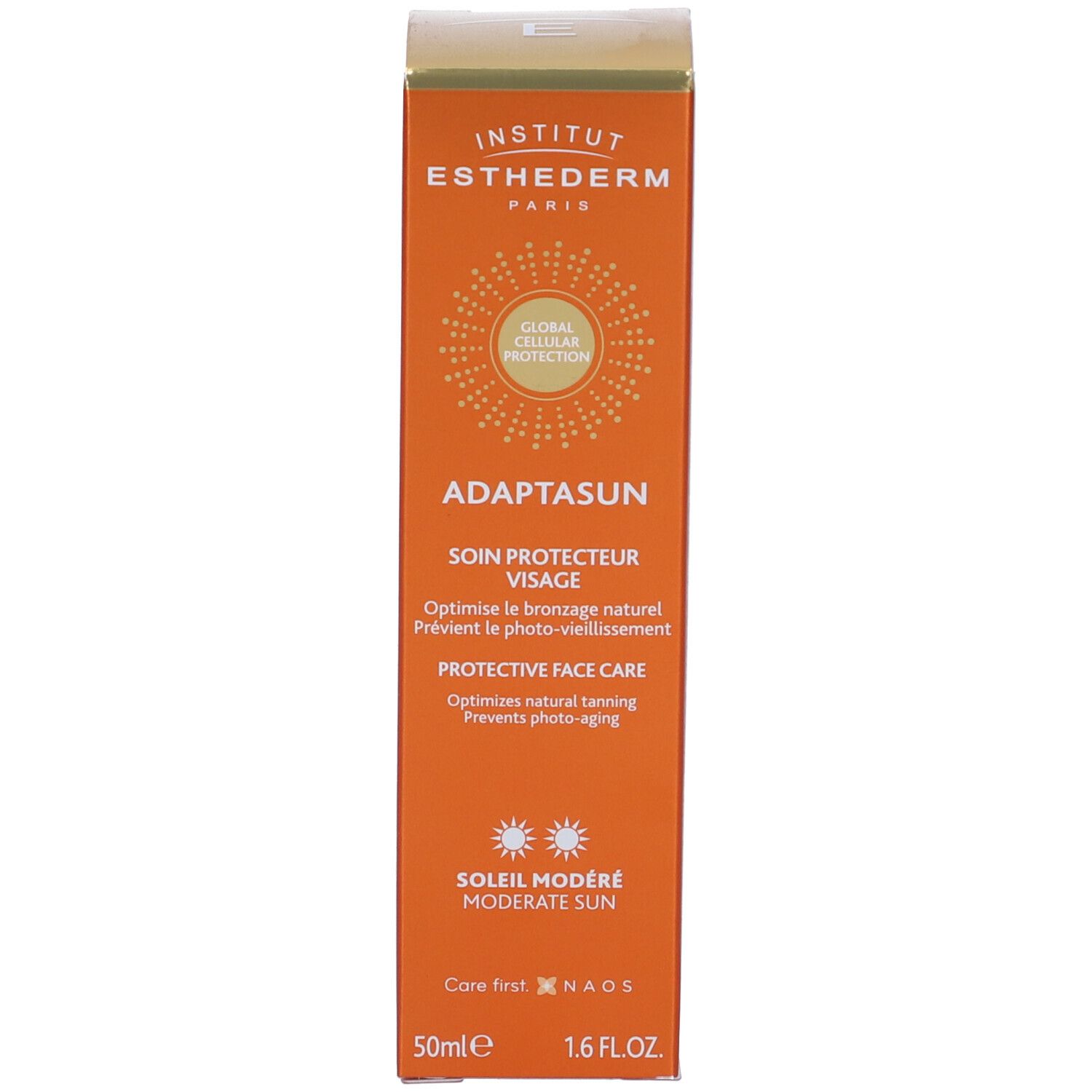 Scatola arancione con testo bianco. Adaptasun, protezione solare viso. Marchio: Institut Esthederm.