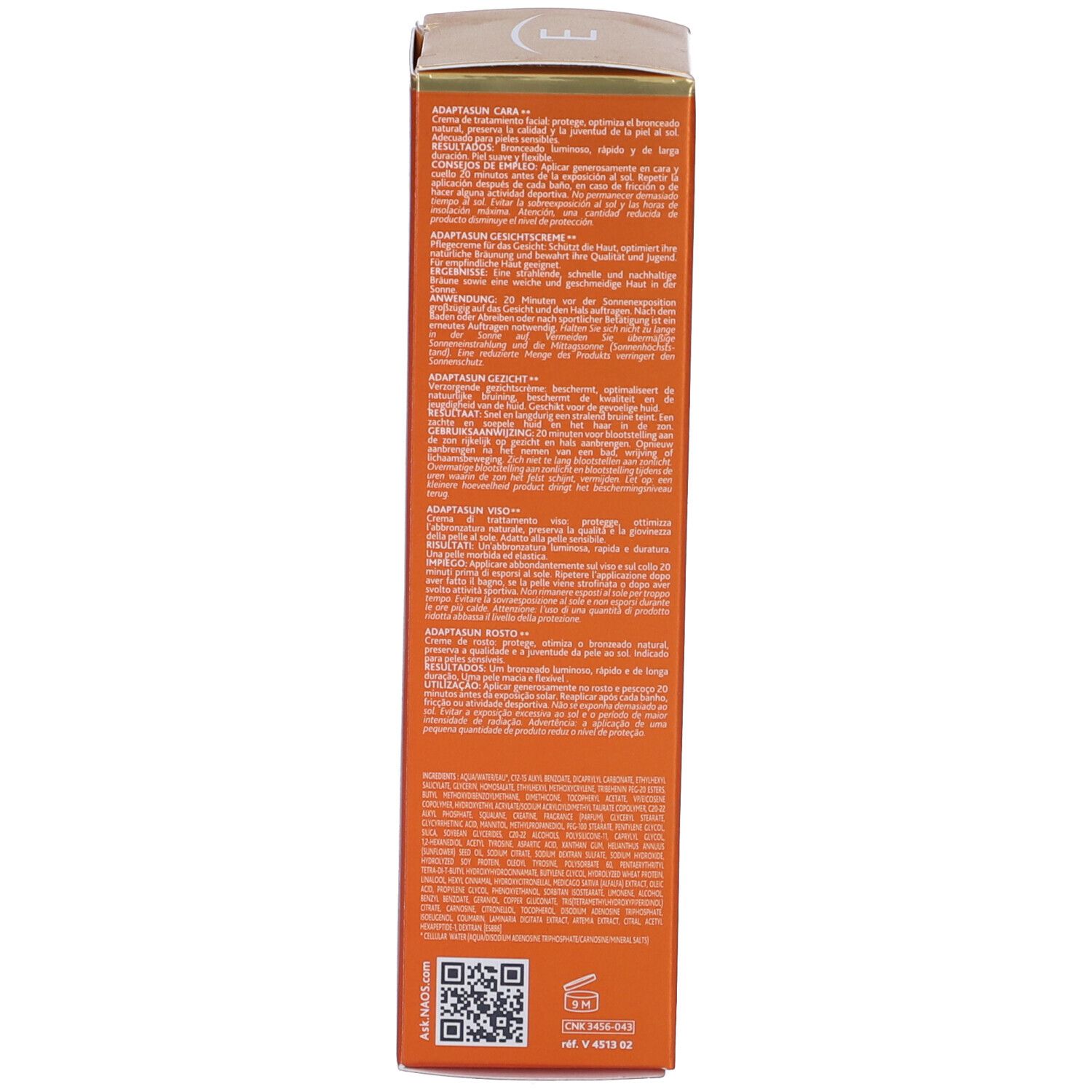 Lato della scatola Adaptasun. Testo multilingue. Informazioni sul prodotto e ingredienti.