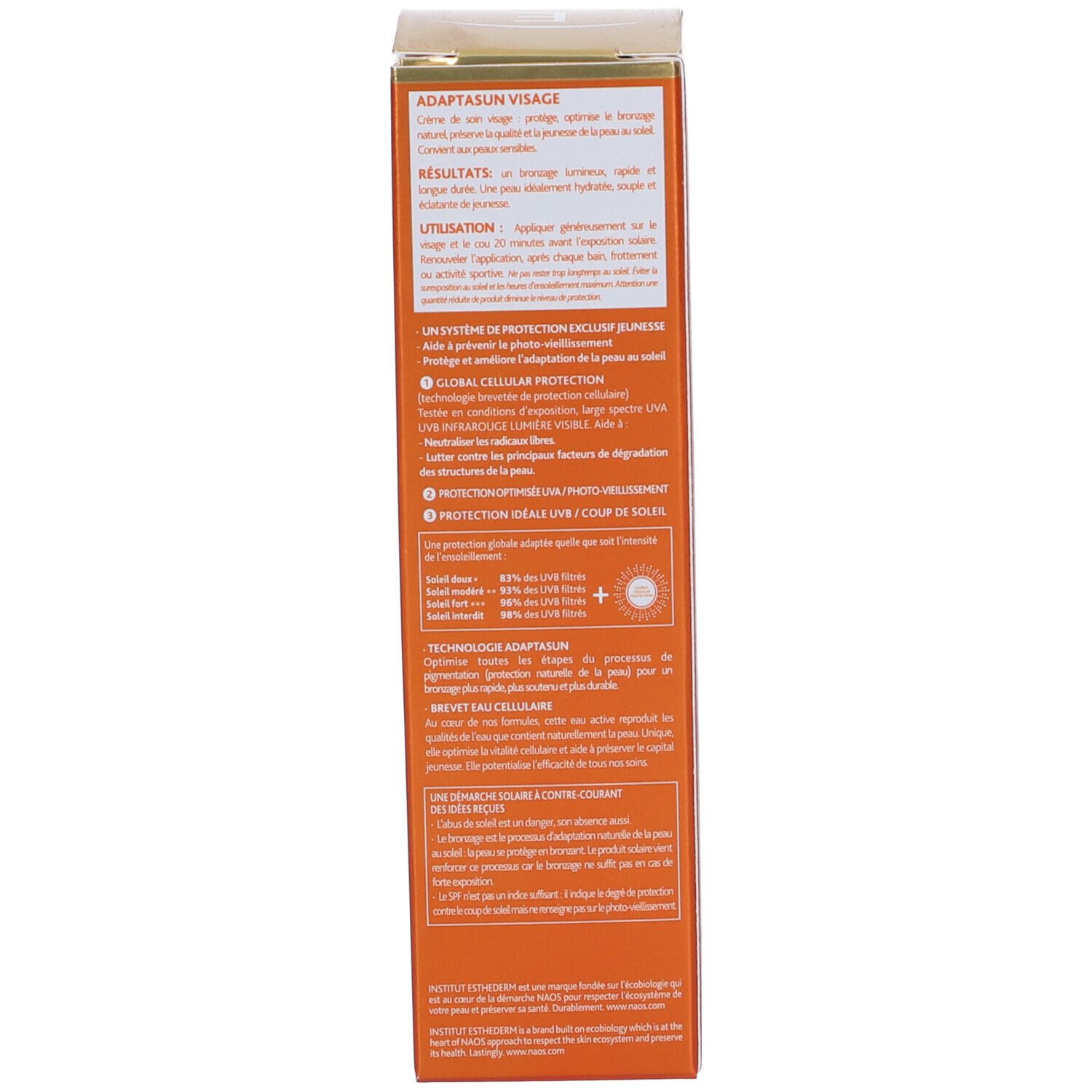 Retro della scatola Adaptasun. Testo multilingue. Descrizione del prodotto e utilizzo.