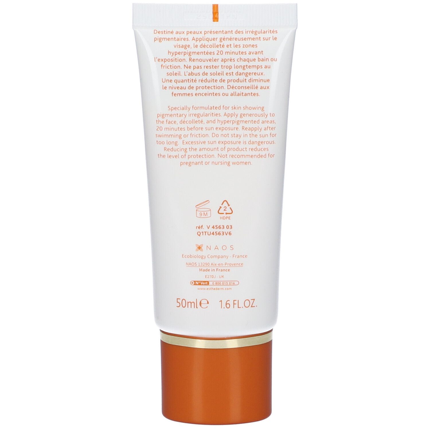 Rückseite der Institut Esthederm Photo Regul Sonnenschutz Tube mit Anwendungshinweisen und 50ml Angabe.