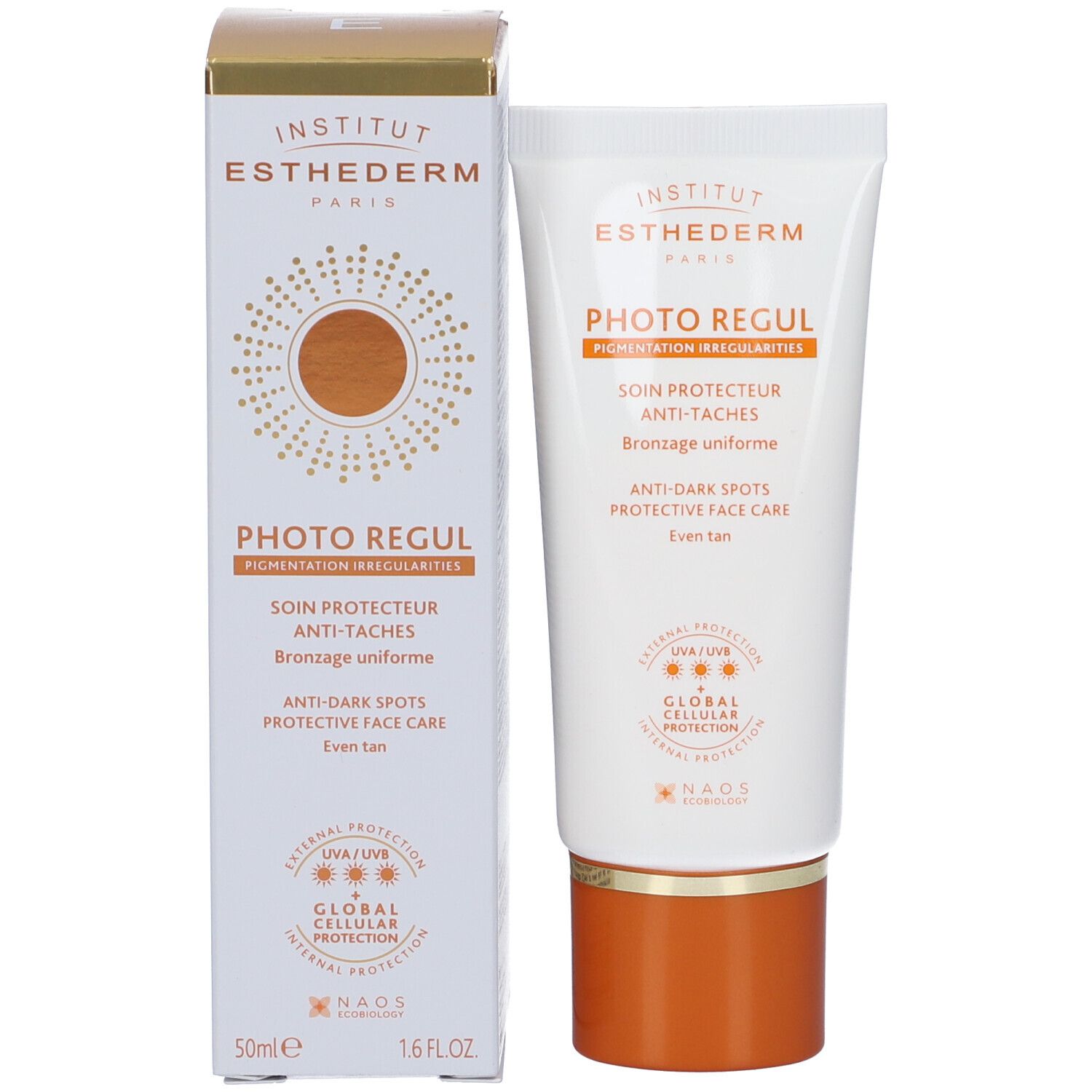Institut Esthederm Photo Regul Sonnenschutz Tube und Faltschachtel, beide mit orangefarbenen Akzenten.