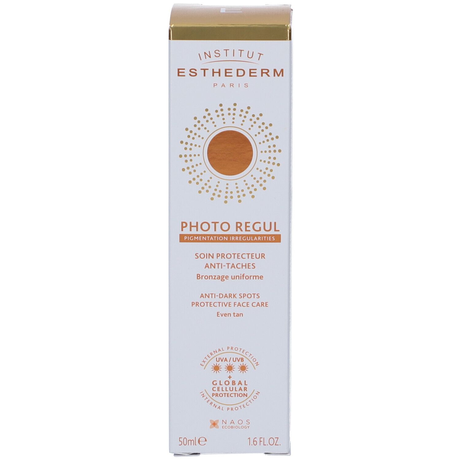 Faltbare Verpackung für Institut Esthederm Photo Regul Sonnenschutz mit orangefarbenem Design.
