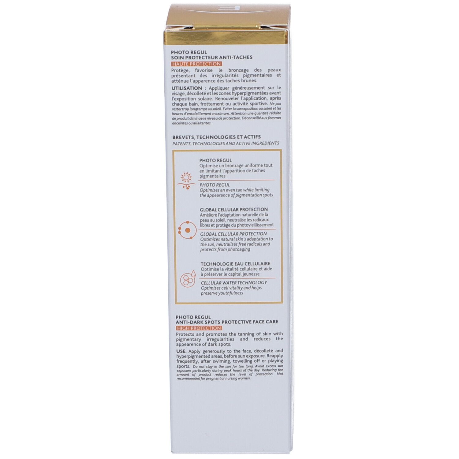 Seite der Institut Esthederm Photo Regul Sonnenschutz-Verpackung mit Anwendungshinweisen und Technologien.