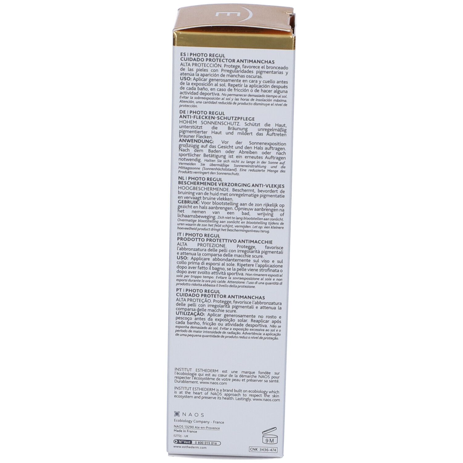 Seite der Institut Esthederm Photo Regul Sonnenschutz-Verpackung mit mehrsprachigen Produktinformationen.