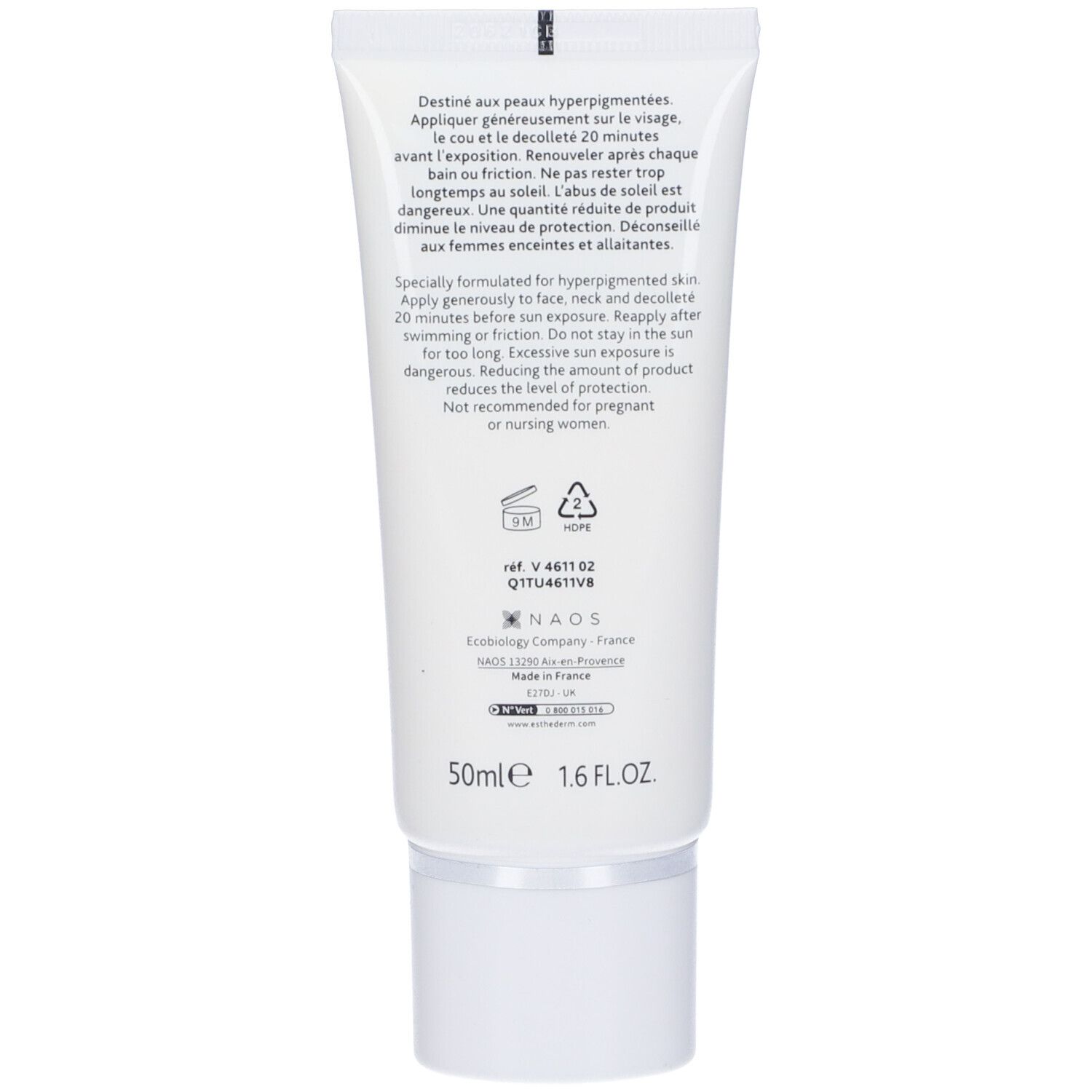 Retro del tubo bianco. Testo in francese e inglese. 50ml, 1.6 FL.OZ. Logo NAOS.