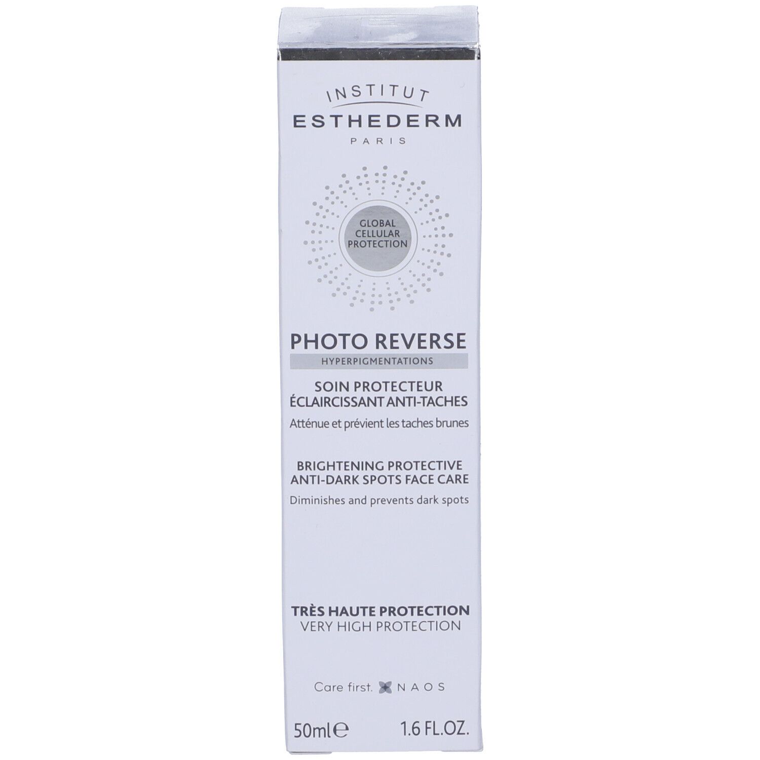 Scatola bianca con Institut Esthederm Photo Reverse. Testo in francese e inglese. 50ml, 1.6 FL.OZ.