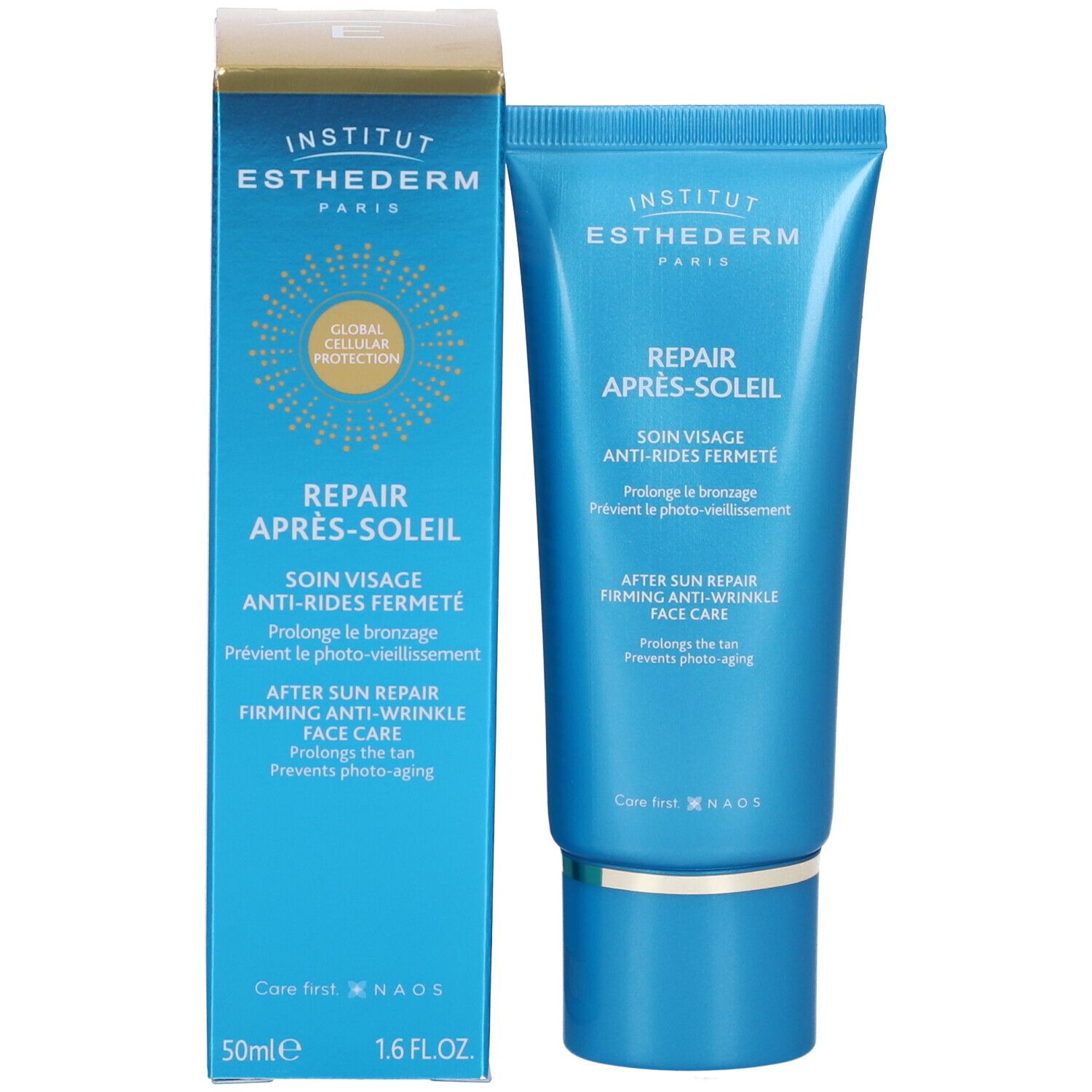 Prodotto e confezione. Tubo blu e scatola. Scritta: Institut Esthederm, Repair Après-Soleil.