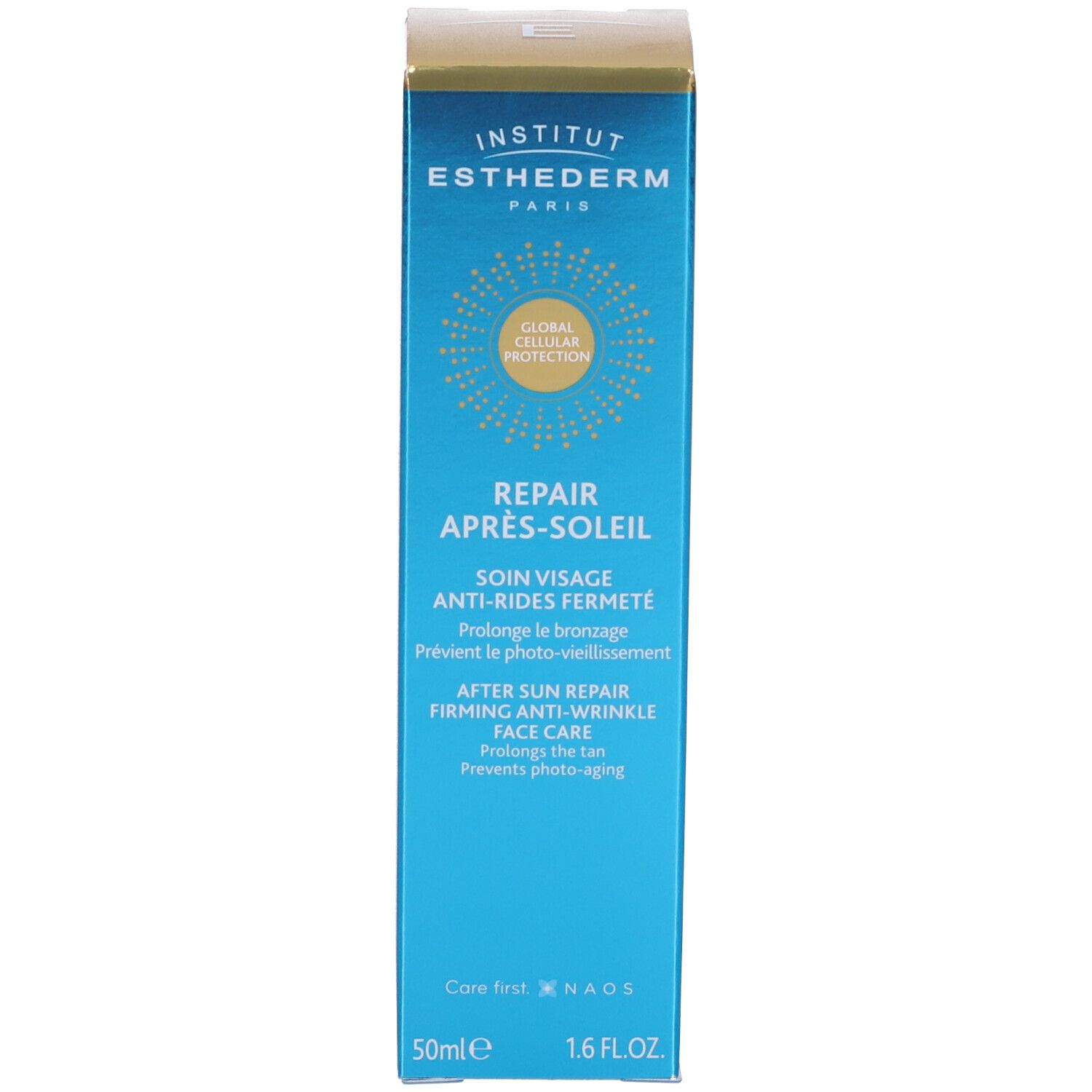 Confezione in cartone. Scritta: Institut Esthederm, Repair Après-Soleil, Soin Visage Anti-Rides Fermeté.