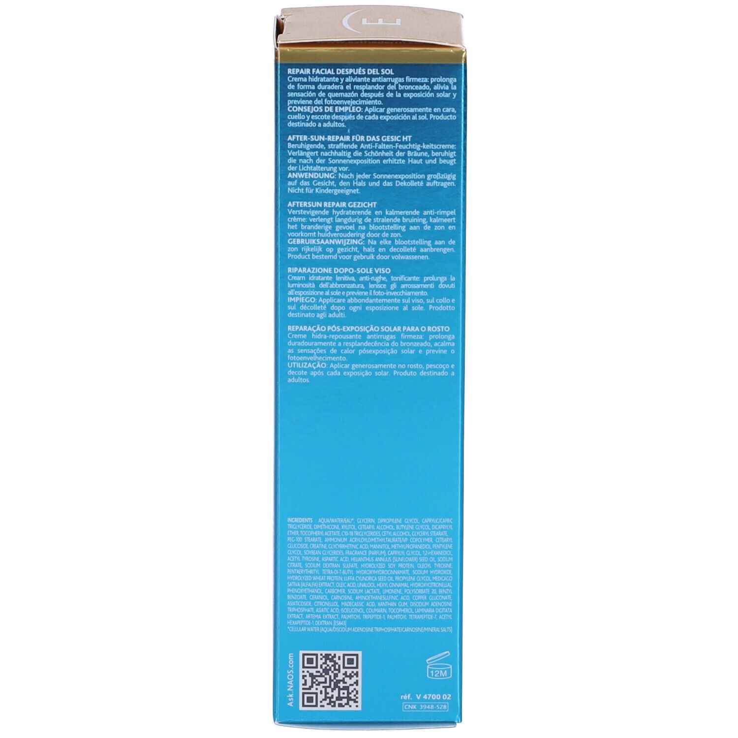 Confezione in cartone, retro. Testo multilingue. Informazioni sull'uso e sugli ingredienti.