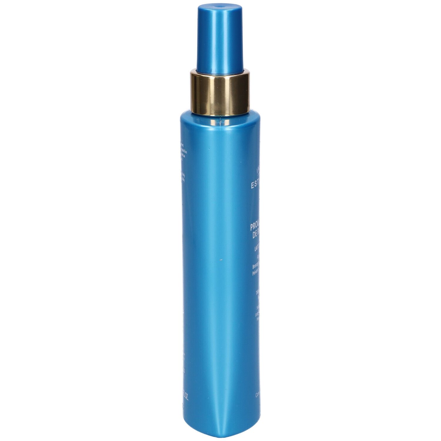 Seitenansicht der blauen Institut Esthederm Tan Extender Körperlotion Flasche mit goldenem Sprühkopf.