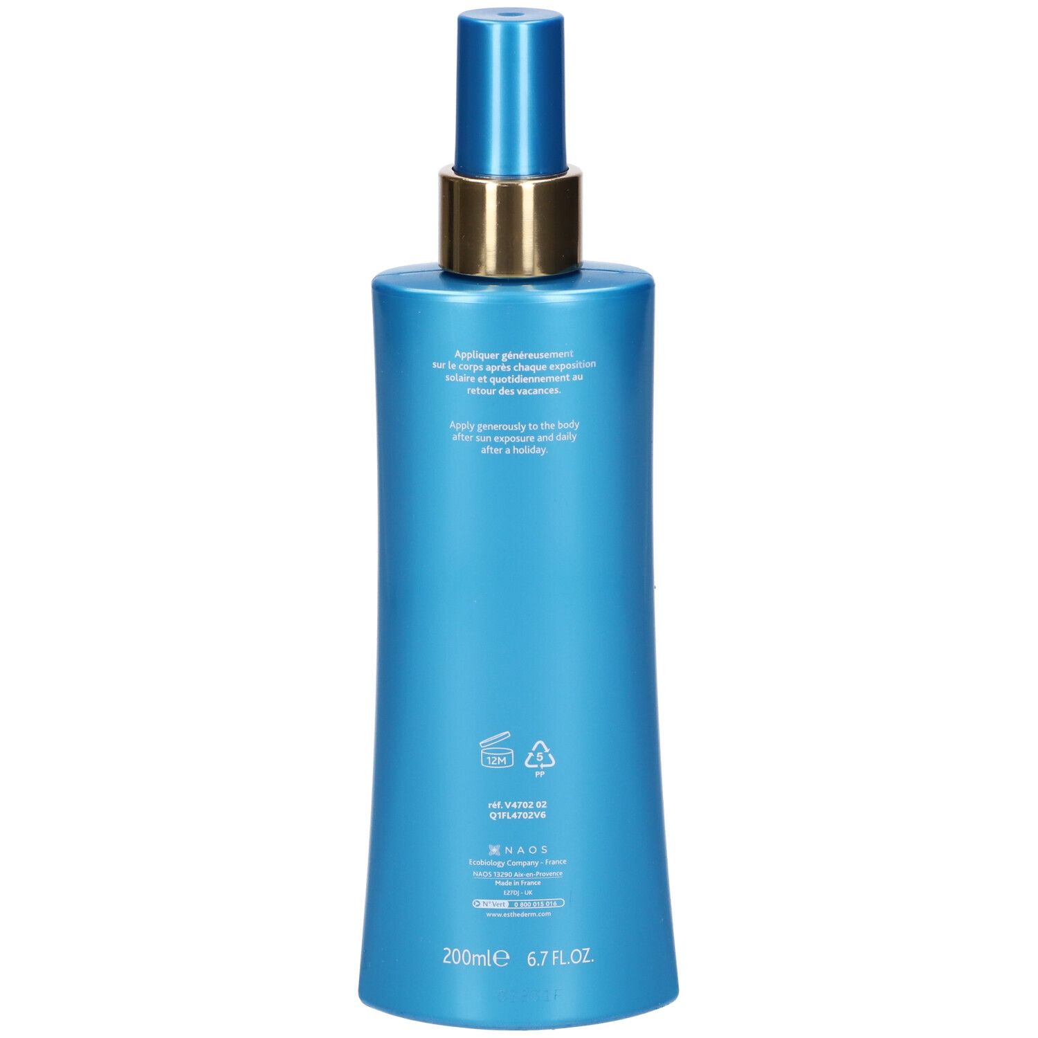 Rückseite der blauen Institut Esthederm Tan Extender Körperlotion Flasche mit Anwendungshinweisen und 200ml Angabe.