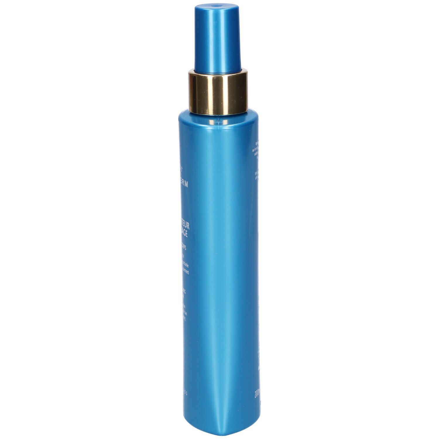Seitenansicht der blauen Institut Esthederm Tan Extender Körperlotion Flasche mit goldenem Sprühkopf.