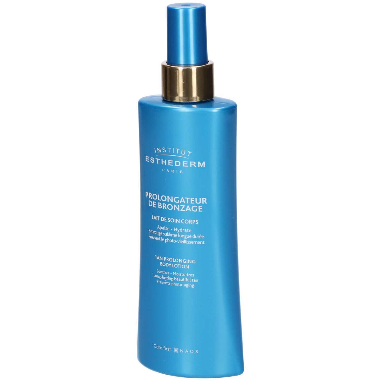 Institut Esthederm Tan Extender Körperlotion in blauem Spender mit goldenem Halsband.