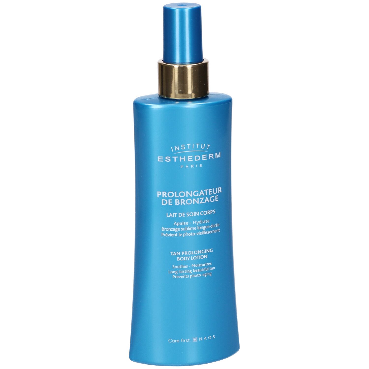Institut Esthederm Tan Extender Körperlotion in blauem Spender mit goldenem Halsband.