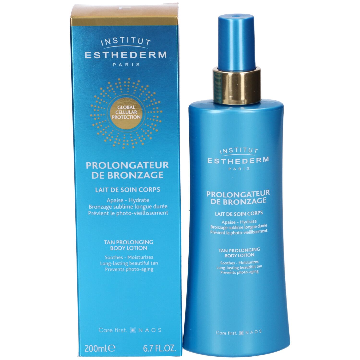 Institut Esthederm Tan Extender Körperlotion und ihre blaue Verpackung mit goldenen Akzenten.