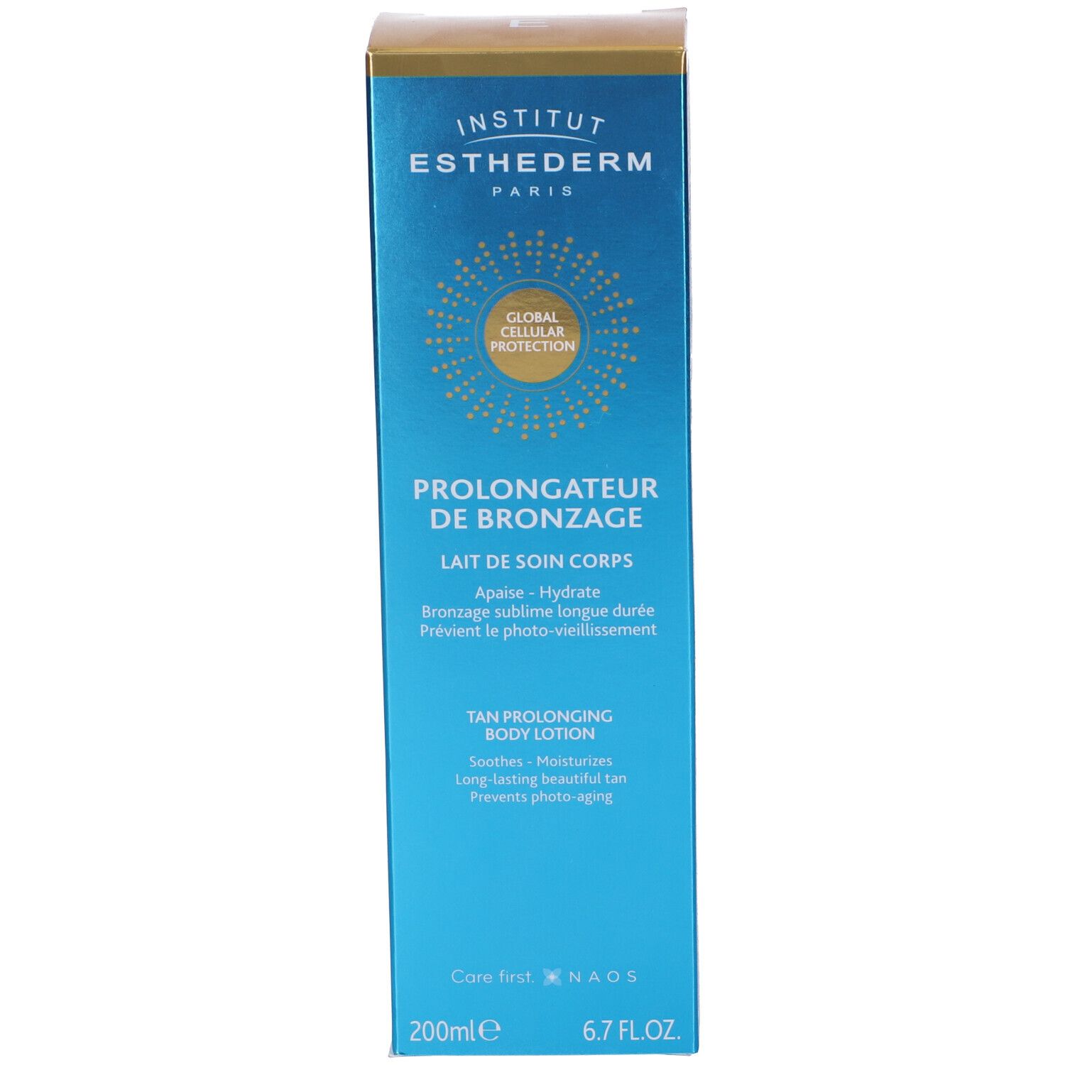 Blaue Verpackung der Institut Esthederm Tan Extender Körperlotion mit goldenem Kreis-Symbol und Text.