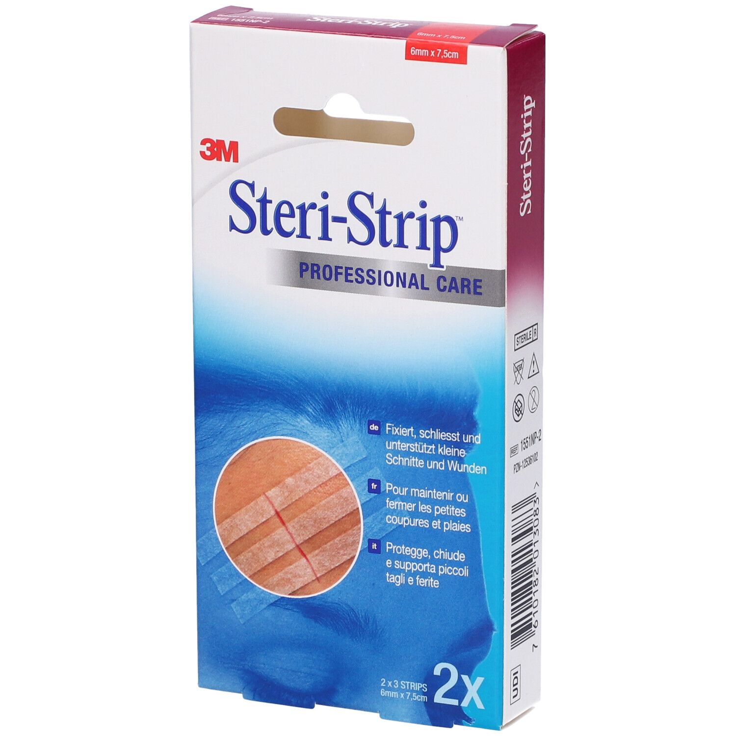 Confezione di Steri-Strip 3M, 6mm x 7,5cm. Contiene 2x3 strisce. Esempio di applicazione sulla confezione.