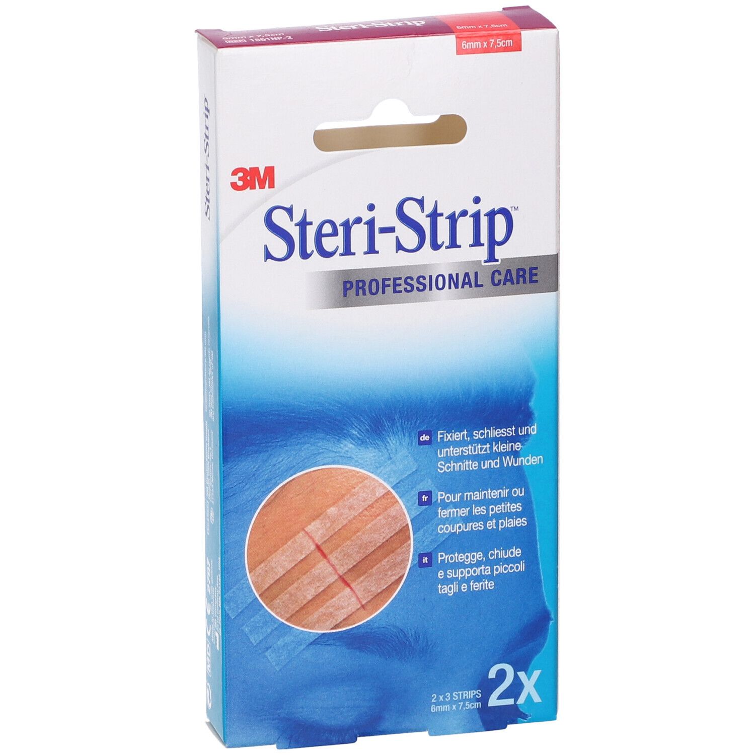 Confezione di Steri-Strip 3M, 6mm x 7,5cm. Contiene 2x3 strisce. Esempio di applicazione sulla confezione.