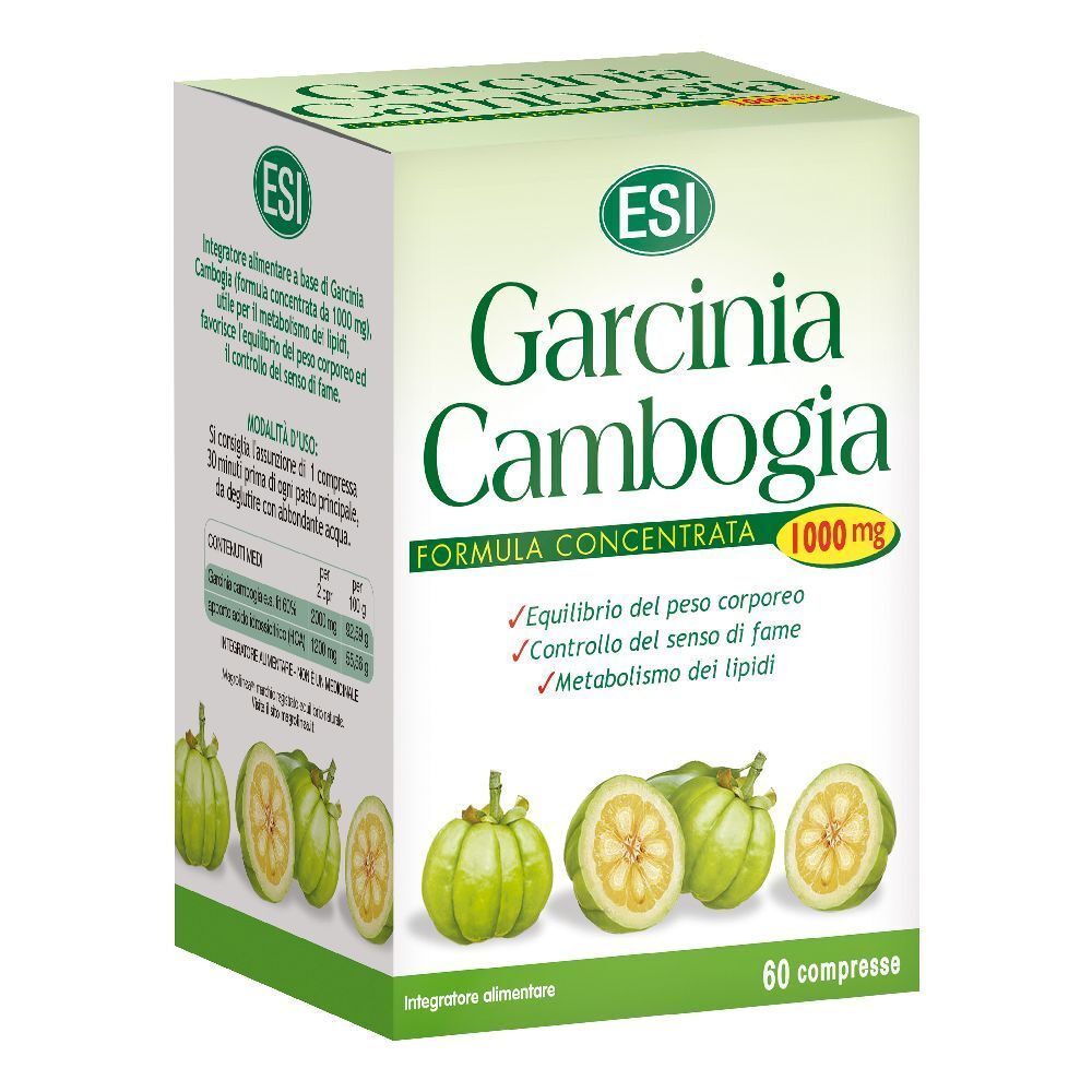 Boîte ESI Garcinia Cambogia 1000 mg. Emballage vert et blanc avec nom du produit et illustrations de fruits. 60 comprimés.