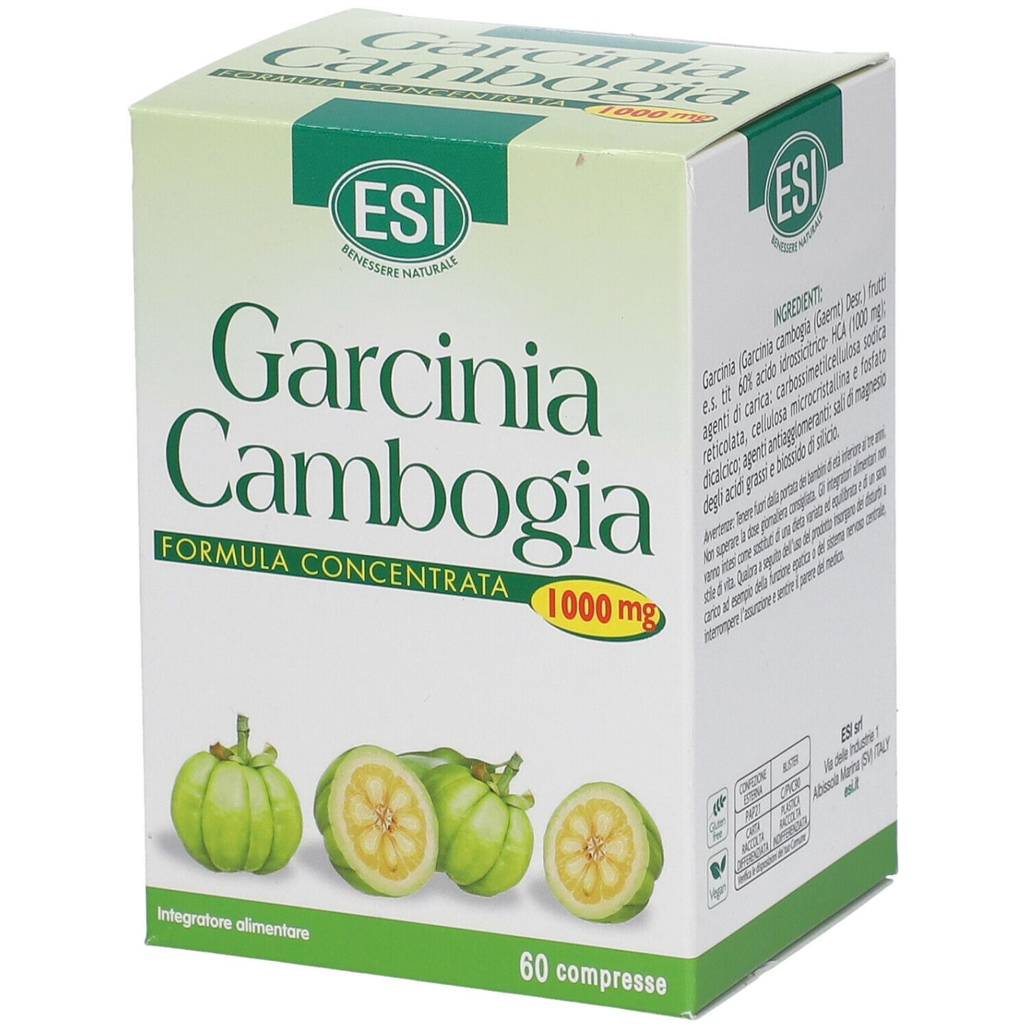 Emballage ESI Garcinia Cambogia 1000 mg. Boîte verte et blanche avec nom du produit, illustrations de fruits et 60 comprimés.