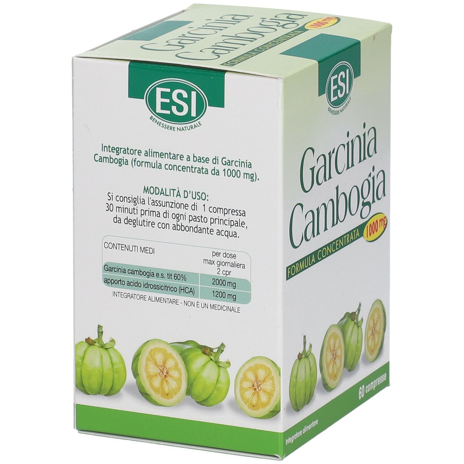 Emballage ESI Garcinia Cambogia 1000 mg. Boîte verte et blanche avec nom du produit, illustrations de fruits et 60 comprimés.