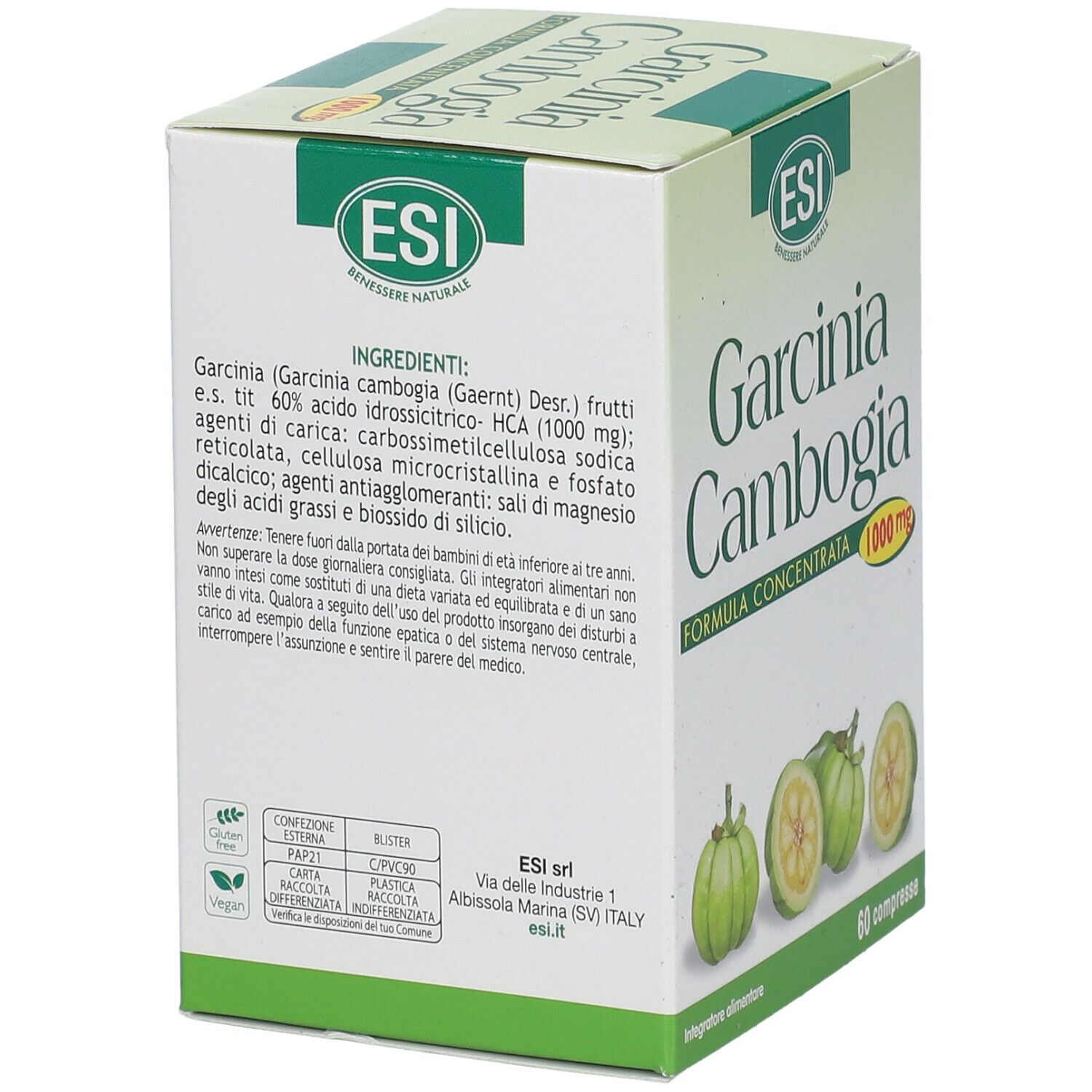 Emballage ESI Garcinia Cambogia 1000 mg. Boîte verte et blanche avec nom du produit, illustrations de fruits et 60 comprimés.